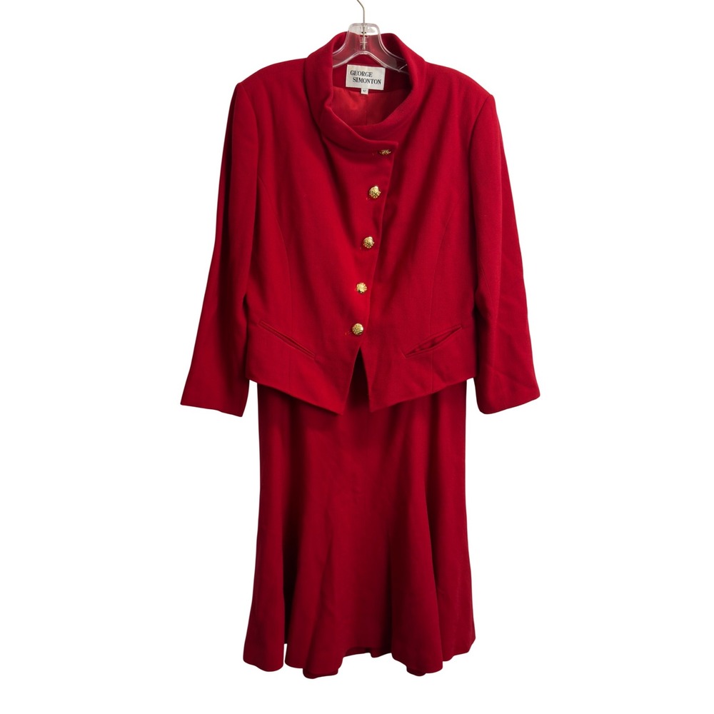 George Simonton Red Wool Skirt Suit Set Asymmetric Jacket Gold Buttons Womens 12
